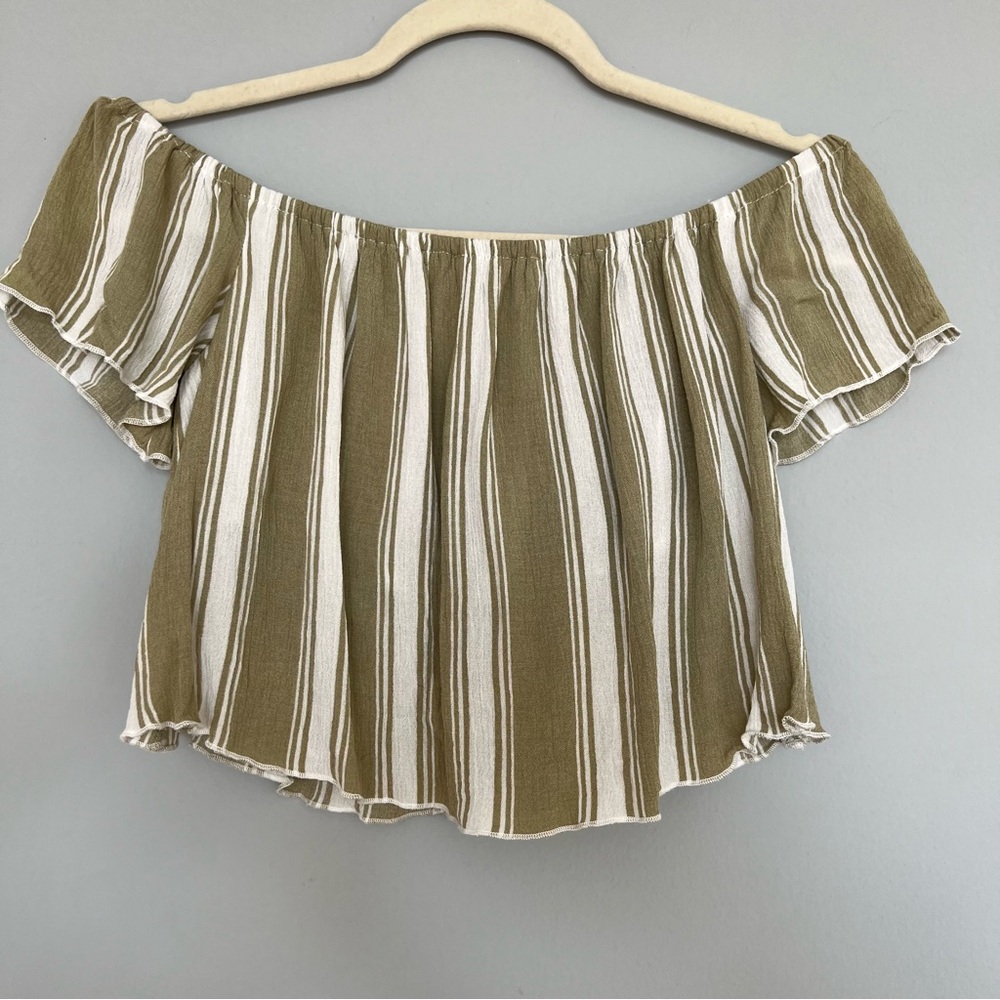 FOREVER 21 Off-Shoulder Crop Top | Vertical Stripe | Green and White | S | Woman